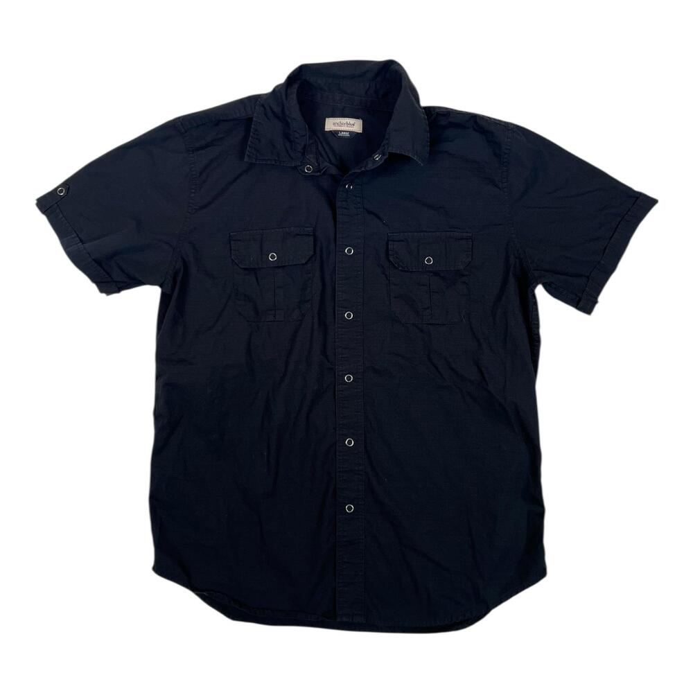 Vintage Anchor Blue Shirt Mens Large Black Short Sleeve Snap Front Casual Y2K